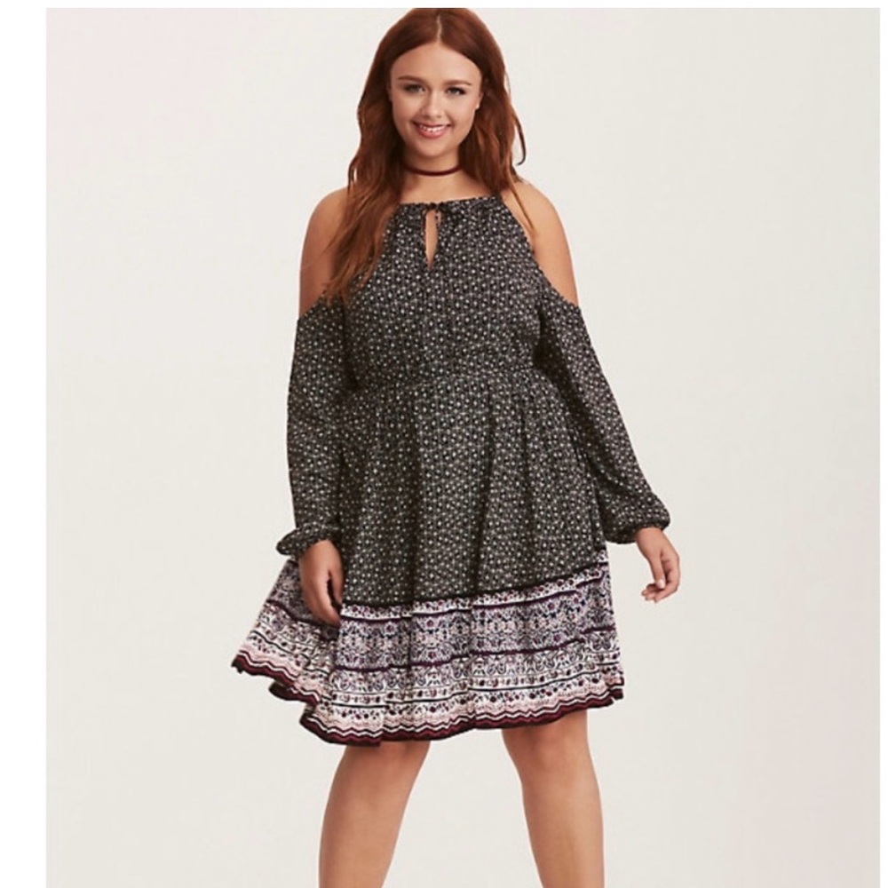 torrid Black Patterned Halter Smock Dress with Border Print